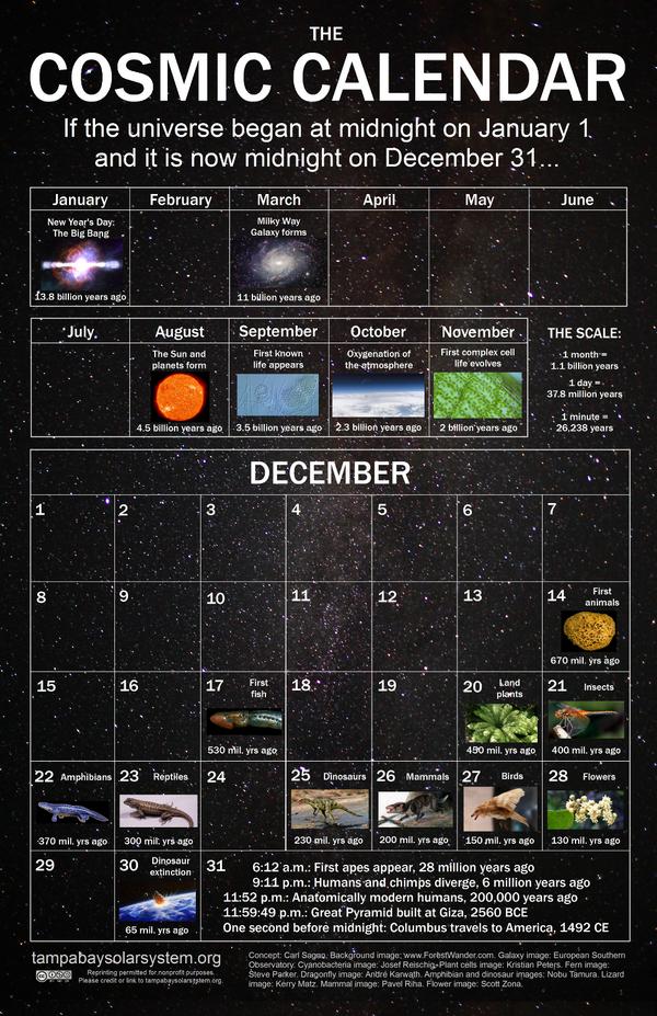 TampaSolarModel's tweet photo. Check out the new Cosmic Calendar poster at http://t.co/tLuwFfwCU3 #bigbang #universe #cosmos #time #evolution http://t.co/35CCm5qvK8