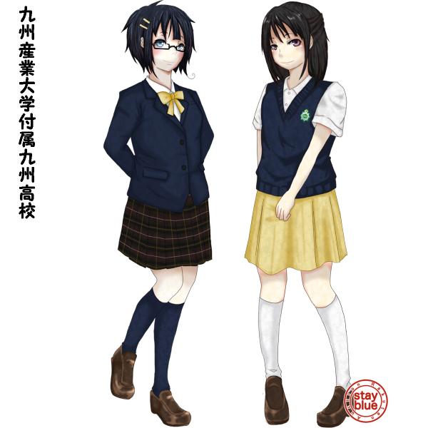 Stayblue 学校制服図鑑 九州産業大学付属九州高校の制服イラスト 福岡市の共学校です 冬服は金色のリボン 夏服の金色スカートが特徴的 イラストの夏服は旧モデルで 今のスカートは夏冬同柄です 金色スカートはは街で目を引いたでしょうね 169