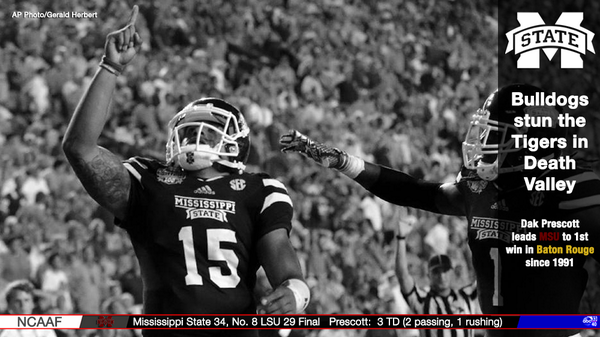 Mississippi St. knocks off No. 8 LSU; 1st win in Death Valley since 1991.

Recap | bit.ly/1qku5nt