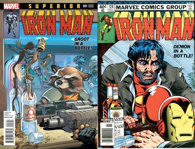 山本 雅 もっさん Marvelコミックが 10月出版コミックのヴァリアントカバーに ガーディアンズ オブ ギャラクシー のロケット Amp グルートを登場させる まずは スペリアーアイアンマンに デーモン イン ア ボトル のオマージュとして登場