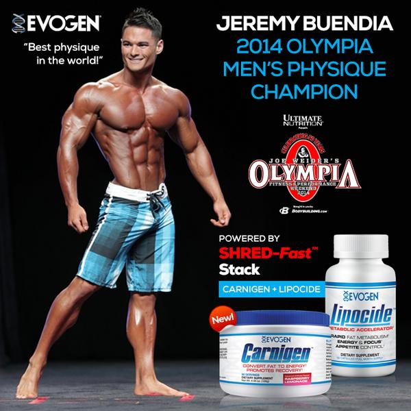 EvogenNutrition's tweet photo. New 2014 Olympia Men's Physique Champion @MrJeremyBuendia uses @EvogenNutrition #SHREDFastStack to get dialed in. http://t.co/9y7Ms5m3XQ