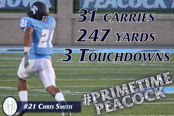 UIUPeacocks's tweet photo. Tonight's #PrimetimePeacock is Chris Smith with 247 yards &amp; 3 Touchdowns in @UIU_Football 47-30 win. http://t.co/zXvI8JHEe3