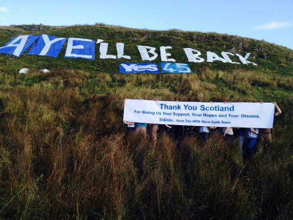 PeterAlanRoss's tweet photo. I've enjoyed the work of gallus activists @HillsHaveAyes during indyref. Here's their message of defiance and thanks. http://t.co/qHHcMms4qS