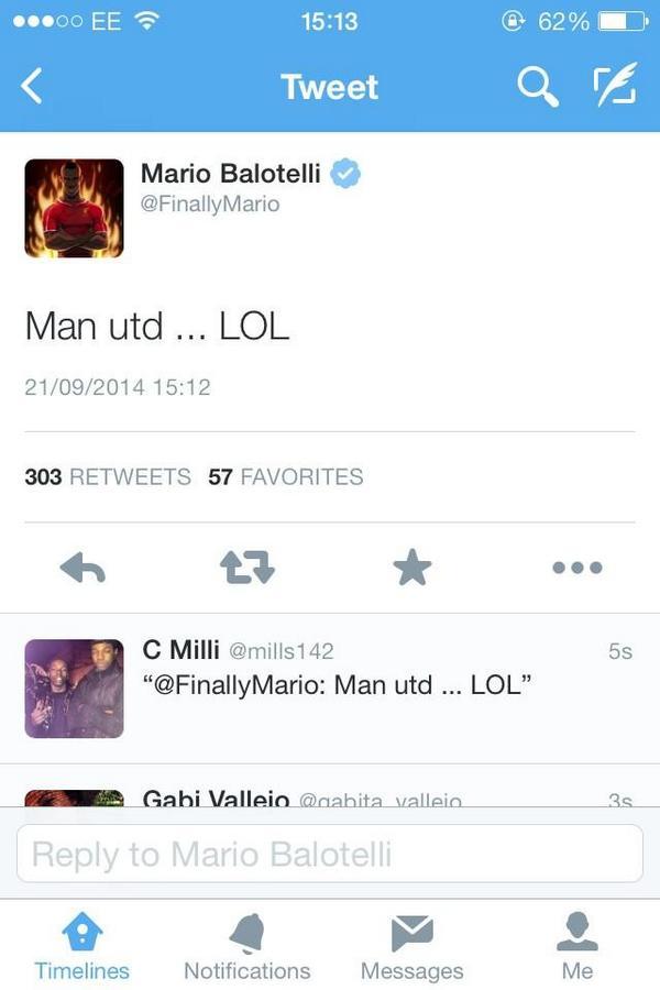 FCVideoNED's tweet photo. Mario Balotelli kijkt ook naar Leicester - Manchester United (5-3) en dit was zijn reactie: http://t.co/jLkKyamLfr