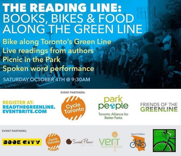 BookCityTO's tweet photo. The #ReadingLine on the #GreenLine starts @BookCityTO Oct.4! And our books will travel along the #BooksonBikes tour! http://t.co/WZP4nJFvJA