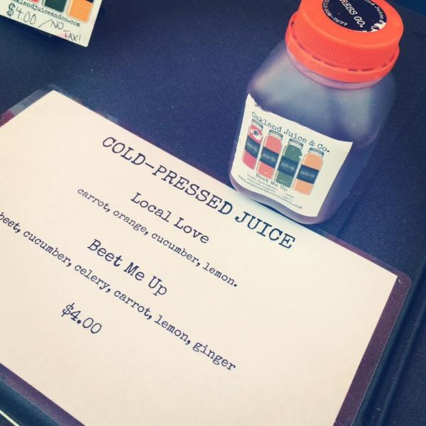 eatrealfest's tweet photo. Start the Eat Real day right with cold-press juice from awesome new Oakland start-up @OaklandJuiceCo! #erf2014 http://t.co/t1SnxXzi0K