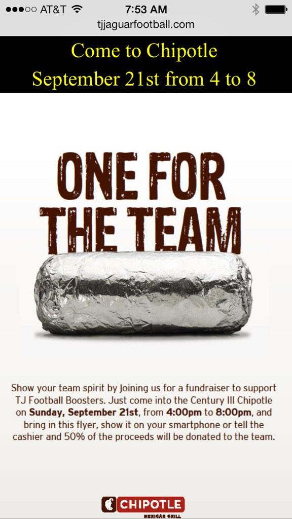 Going to get some food tonight, go out and support TJ football at Chipotle!