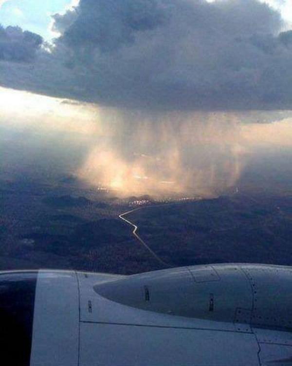 This is what rain looks like from an airplane.