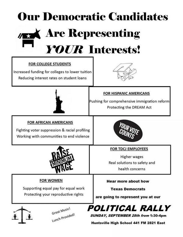 BearkatDems's tweet photo. There will be a Political Rally on September 28th starting at 1:30 pm at Huntsville High School. Lunch provided. http://t.co/esITZw9XVm