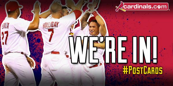Cardinals's tweet photo. Once again, Cardinal Nation: We will see you in the #postseason! #PostCards http://t.co/iBTrOQG6ek