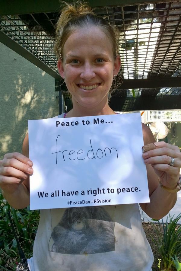 CFGA's tweet photo. Ape Caregiver, Shannon, says "Peace to me is freedom". #PeaceDay #RSvision http://t.co/yY9xRt26tr