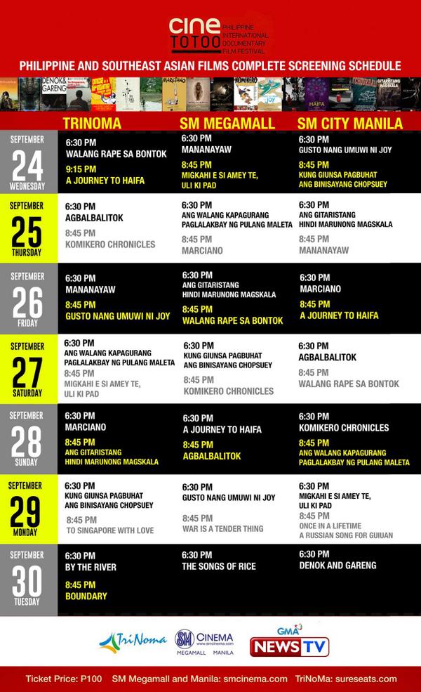 PinoyFilms's tweet image. Here's the full sked for the Cinetotoo documentary fest, which runs Sept. 24-30 at TriNoMa facebook.com/cinetotoo/
