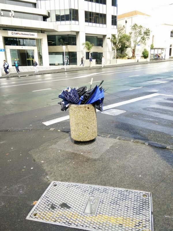 LocalAuckland's tweet photo. RT '@frysbil Rough weather in Auckland. You bet! @MetService http://t.co/4e9gjDFz70' #UmbrellaGraveyard #AklPhoto