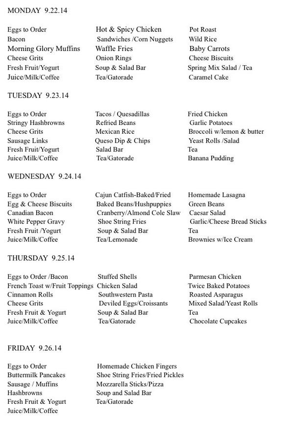Menu: Week of 9/22/14