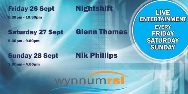 WynnumRSL's tweet photo. This week's live entertainment schedule @WynnumRSL http://t.co/n7SeUYx1ik