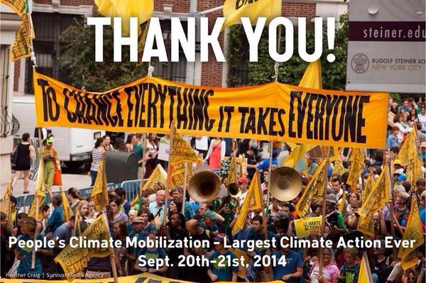 To everyone who took part in the amazing global #PeoplesClimate March, the biggest climate protest ever: Thank you.