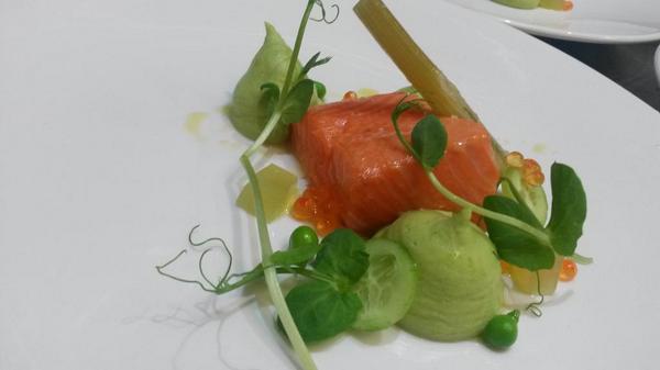 merricote's tweet photo. "@iangalexander: Confit @SaikouSalmon pea mousse, fennel, cucumber @OConnells407 @clammsseafood
#alpinesalmon http://t.co/wGghwouc9Z"Yum!