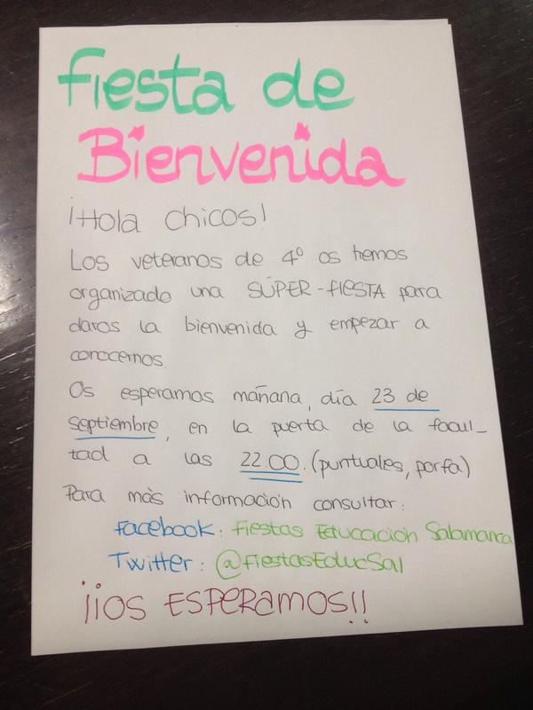 FiestasEducSal's tweet photo. Os recordamos que mañana os esperamos en la puerta de la facultad para empezar el curso con una buena fiesta!! :) http://t.co/abYRtnZeSD