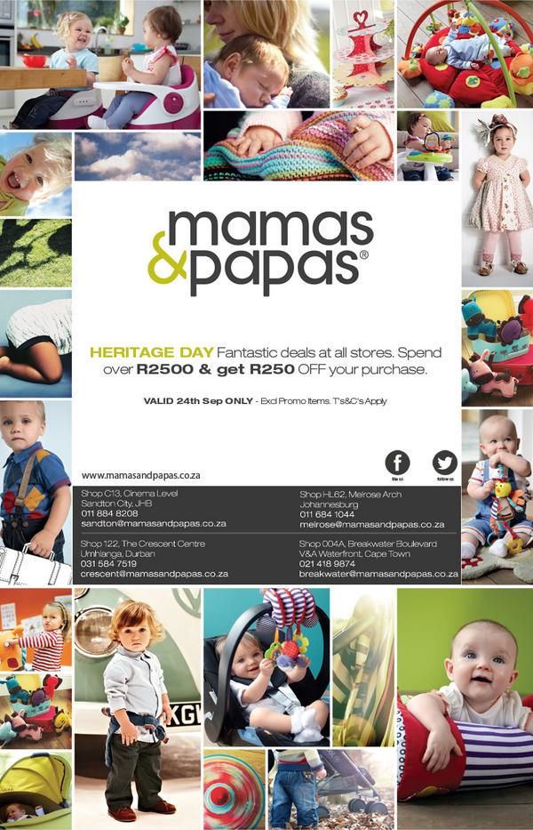 MamasPapasSA's tweet photo. HERITAGE DAY Fantastic deals at all stores. Spend over R2500 &amp; get R250 OFF your purchase. VALID 24th Sep ONLY http://t.co/rhZq4Yf62Z