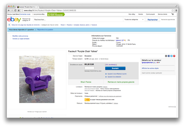 DRNM_Tweets's tweet photo. J-4 avant de pouvoir acquérir La Purple Chair de @Yahoo 
À vos enchères !

http://t.co/3Uq0384HbC http://t.co/4F3CrHQNZS