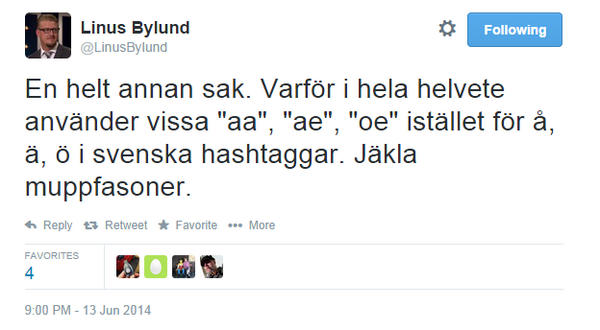 GeekySwede's tweet image. För att twitter omvandlar ÅÄÖ till aa ae oe i somliga klienter för du vet väl @LinusBylund att Twitter är amerikanskt