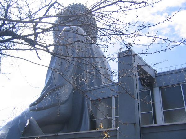 butsuzobot's tweet photo. 布袋の大仏：愛知県にある住居一体型大仏。1949年、きゅう師を営んでいた前田秀信が夢告により造立を決断。独力で造像を進め、5年後に完成した。大仏の後ろには大佛治療院という治療院が併設営業し、大仏と建物は完全に一体となり人が住んでいる。 https://t.co/dwg5oRM0lf