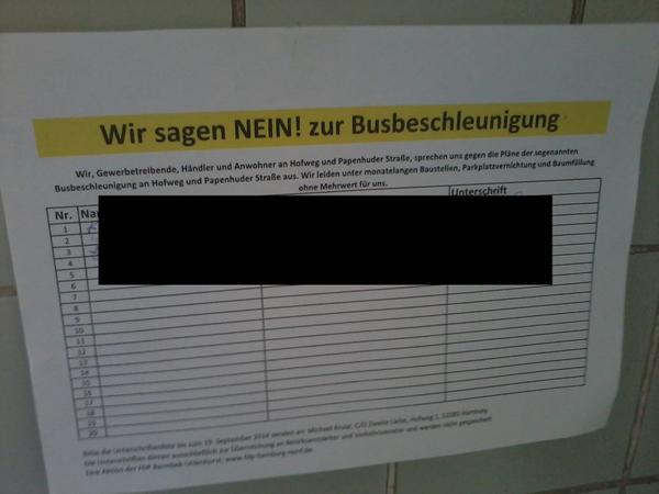 Heute ist eine Anhörung zur #Busbeschleunigung am Hofweg/Papenhuder Straße. Die Anwohner waren heute früh schon aktiv