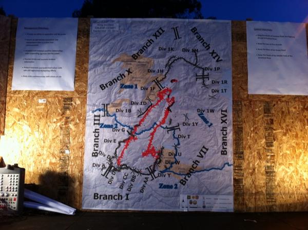 Updated map of #kingfire. Spot fire at 500 acres about 2.5 miles NE of main fire