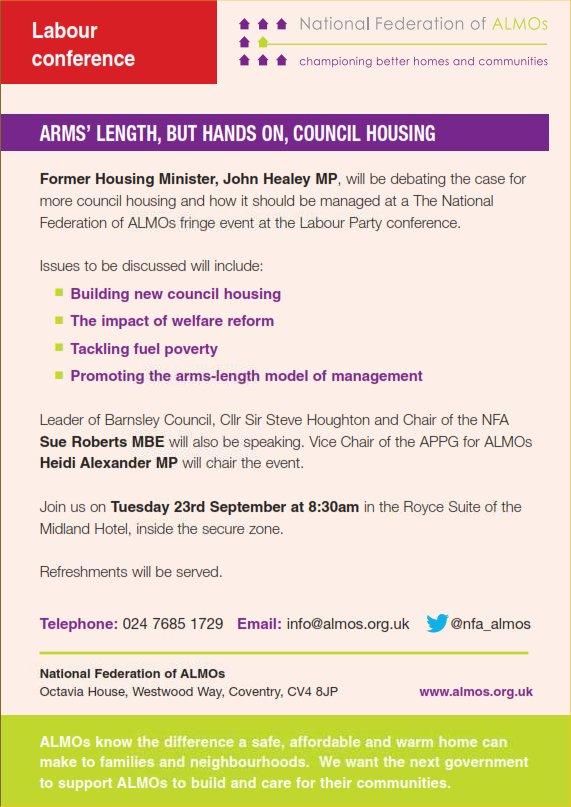 NFA_ALMOs's tweet image. At #Lab14 come along in the morning and listen to @JohnHealey_MP debate the case for more council housing #nfacomms
