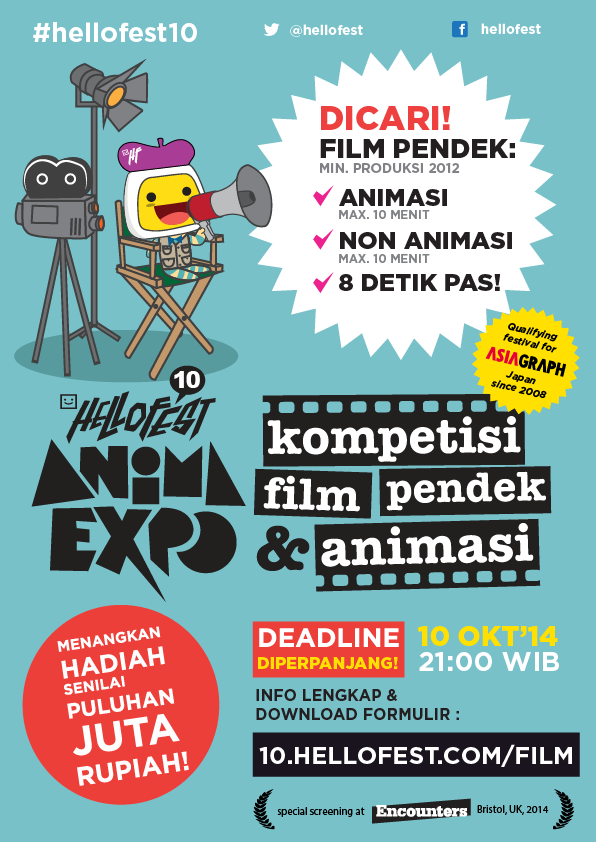 hellofest's tweet photo. DEADLINE DIPERPANJANG!! Kompetisi Film Pendek dan Animasi HelloFest Movies Klik> http://t.co/OIwlkGtCYb #HelloFest10 http://t.co/qWg9tUMpGF