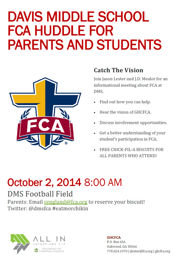 jason_k_lester's tweet image. @Davis_Falcons Parents:You're invited to join students on 10/2 at 8am to catch the vision for @dmsfca. Host:@GHCFCA.