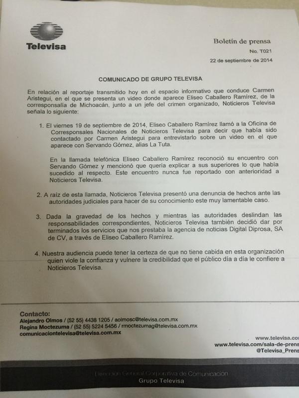 AnaPOrdorica's tweet photo. Aquí el comunicado de Televisa respecto al caso Eliseo Caballero: http://t.co/izc67d6GZe