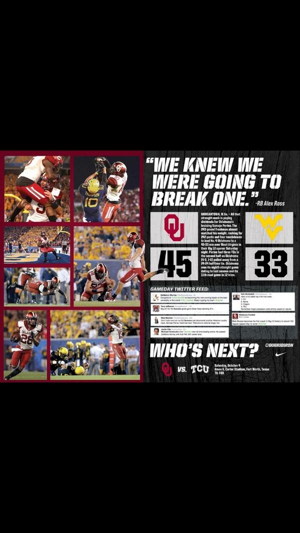 OU_CoachHeupel's tweet photo. Great team win Saturday in Morgantown. Offense, defense and special teams all making plays. http://t.co/gg7qjsFAmE