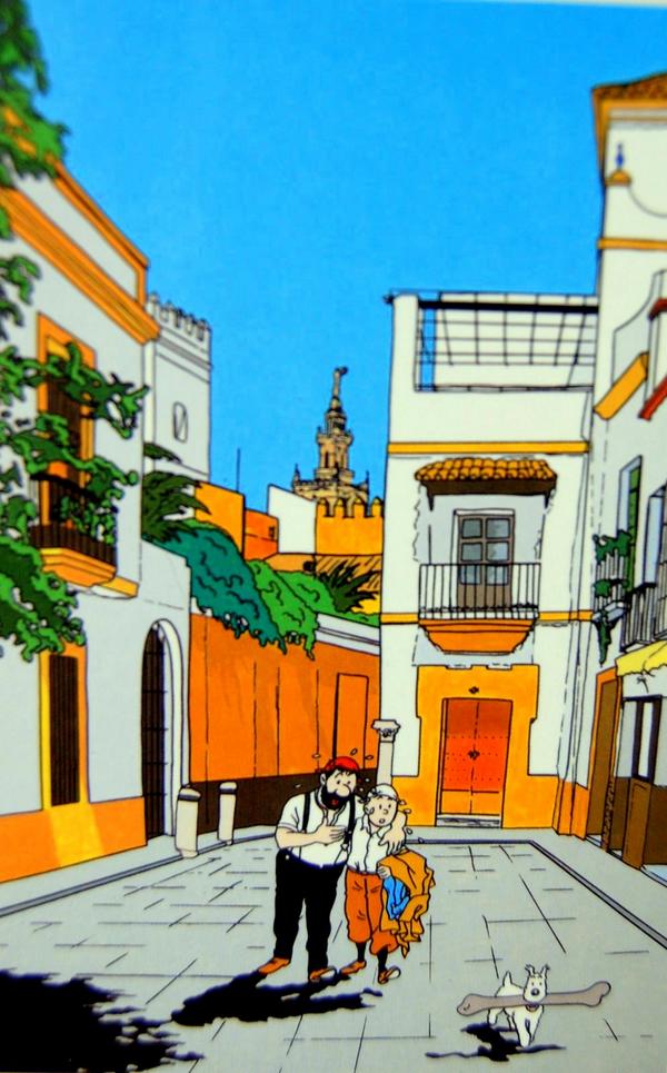 SevillaInsolita's tweet image. Tintin en Sevilla. A ver cómo resisten a los 40 grados. Hergé nunca dibujó a Tintin en Sevilla, es una recreación.