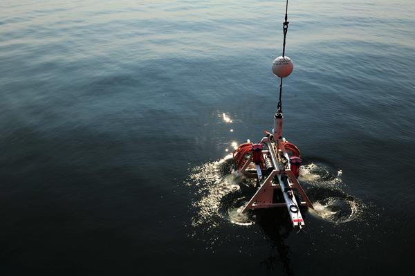 OceanOperations's tweet image. The instrument platform for the Benthic Bouldary Layer experiment enters calm waters of the #SalishSea. #ONCAbyss