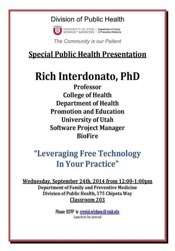 EHSLibrary's tweet photo. MT @UofUHPE: Dr. Interdonato Asst Professor in #uofuhpe. Hope you can attend his special presentation, 9/24! http://t.co/Su0ya3PmA4