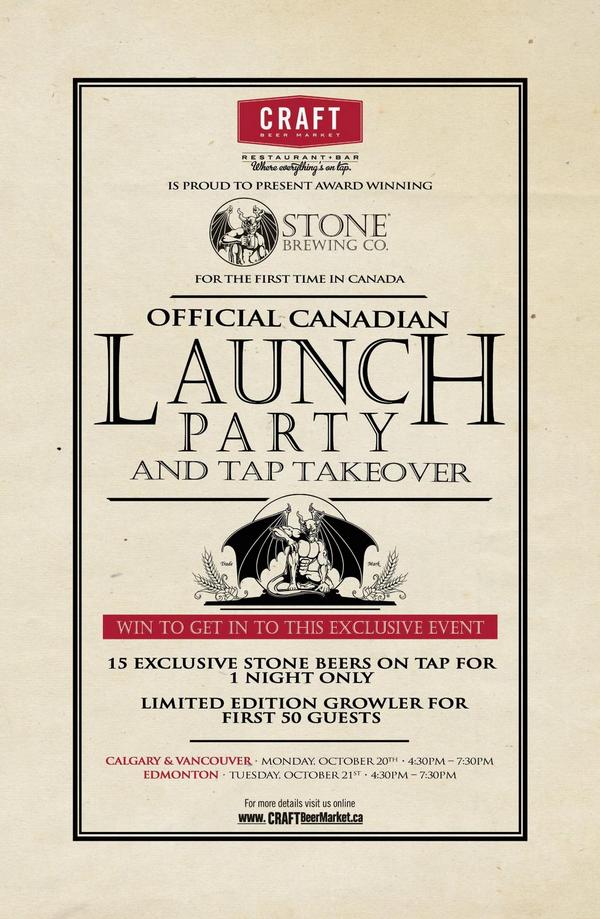 CRAFTbeermarket's tweet photo. The long awaited @StoneBrewingCo is coming to Canada for the first time.Official Launch Party &amp; Tap Takeover Oct.20 http://t.co/1XLE8OYxTm