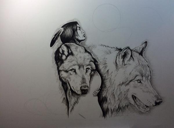 MohawkArtDesign's tweet photo. Progress on "Wolf: Clan Mother"! Now to add some Arctic Wolves! #MohawkArt #wolf www.facebook/mohawkartanddesign http://t.co/cfaKTBNk9t