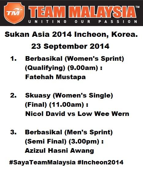#Incheon2014 Acara tumpuan hari ini. <a href="/AzizulAWANG/">Azizulhasni Awang</a> @fatehahcycling <a href="/WeeWernLow/">Wee Wern Low</a> <a href="/NicolDavid/">Nicol David</a> #SayaTeamMalaysia