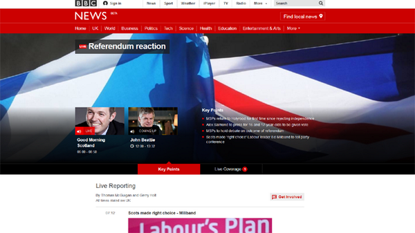 BBCScotlandNews's tweet photo. The latest #referendum reaction page is rumbling into action http://t.co/Xq14koNwtS #bbcindyref http://t.co/EDUxFWSc9U