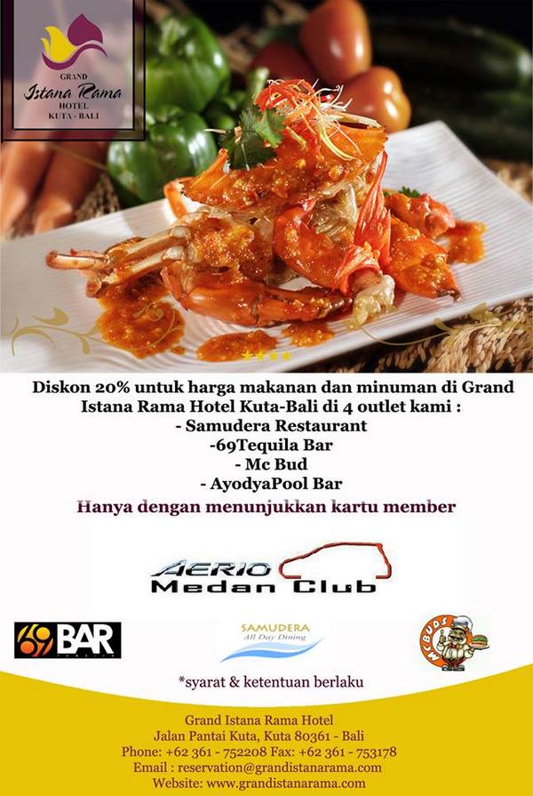 Let's join to <a href="/aeriomedan/">Aerio Medan Club</a> &amp; get discount at outlet &amp; Resto by using the member card amc only <a href="/GrandIstanaRama/">Grand Istana Rama</a> Bali