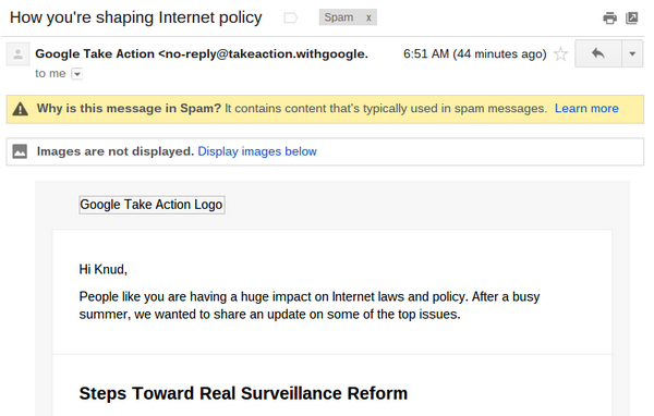 connectandtrade's tweet photo. Gmail's spam filter is so good it stops emails from @google http://t.co/DrVZuxa4Rj