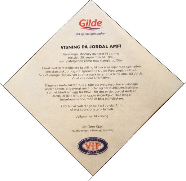 JanToreKjr's tweet image. VIF Hockey har invitert 169 stortingspolitikere til visning på Jordal Amfi (f.1952) torsdag. Invitasjon på pølsepapir