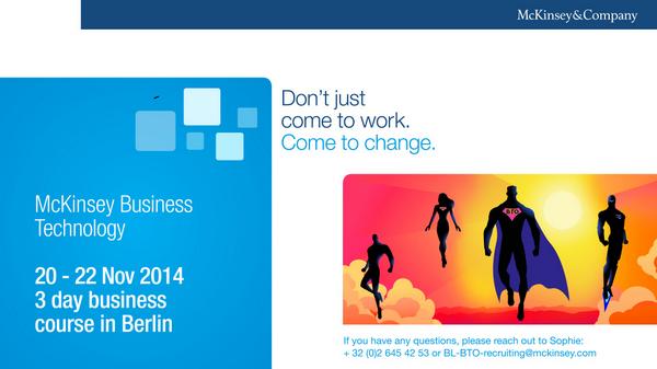JoinMcKinseyBTO's tweet photo. McKinsey's Business Technology workshop for Belgium students. 20-22 Nov in Berlin. More info: http://t.co/ij5YJ9O6ie http://t.co/RsM4ww2j3p