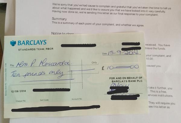 pamela_moscarda's tweet photo. I have received a letter from @BarclaysOnline which reads:Ten pounds for "putting things right to you" #tenpoundsonly http://t.co/44obqMFF13