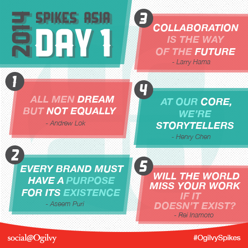 OgilvyConsult's tweet photo. Key quotes from Day 1 of #SpikesAsia from team #OgilvySpikes Find  more detailed updates at http://t.co/ExzxVhmlDA! http://t.co/kXJr7D5WMH