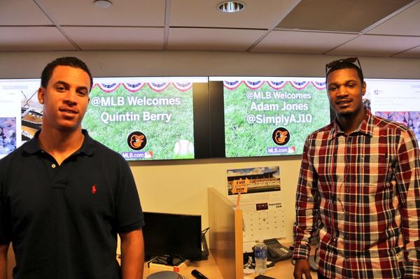 MLB's tweet image. The @Orioles' Quintin Berry and @SimplyAJ10 are visiting @MLB.com. There might be pie.