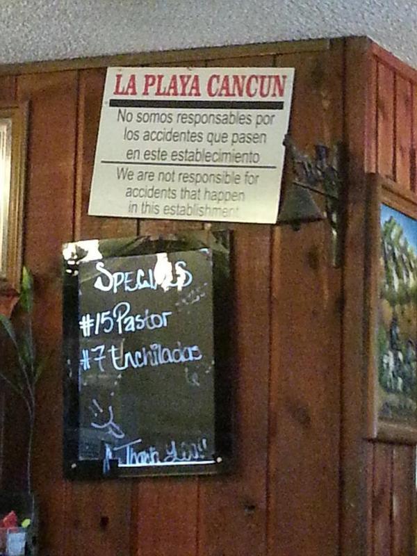 filthycheez's tweet photo. What the hell kind of restaurant did I stop  that needs a sign like this? At least the salsa is spicy. http://t.co/c6HSIp2Tyu