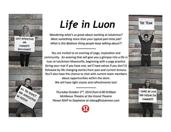 HybridHFC's tweet photo. Ever wondered what it would be like to work for Lululemon? Here's your chance! #lndont #joblove #masonville http://t.co/yP07r6HR1V