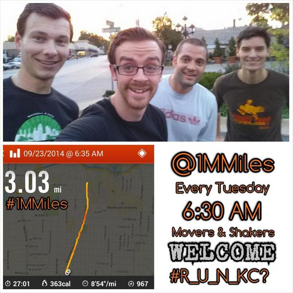 1MMiles's tweet photo. 3 mile #AMrun w/ @nzweifel @JohnJohnColer @ejdub &amp; @Caleb_Loya! #R_U_N_KC? Then come join us next Tues!  #1MMiles #KC http://t.co/T5tfdx0kSU